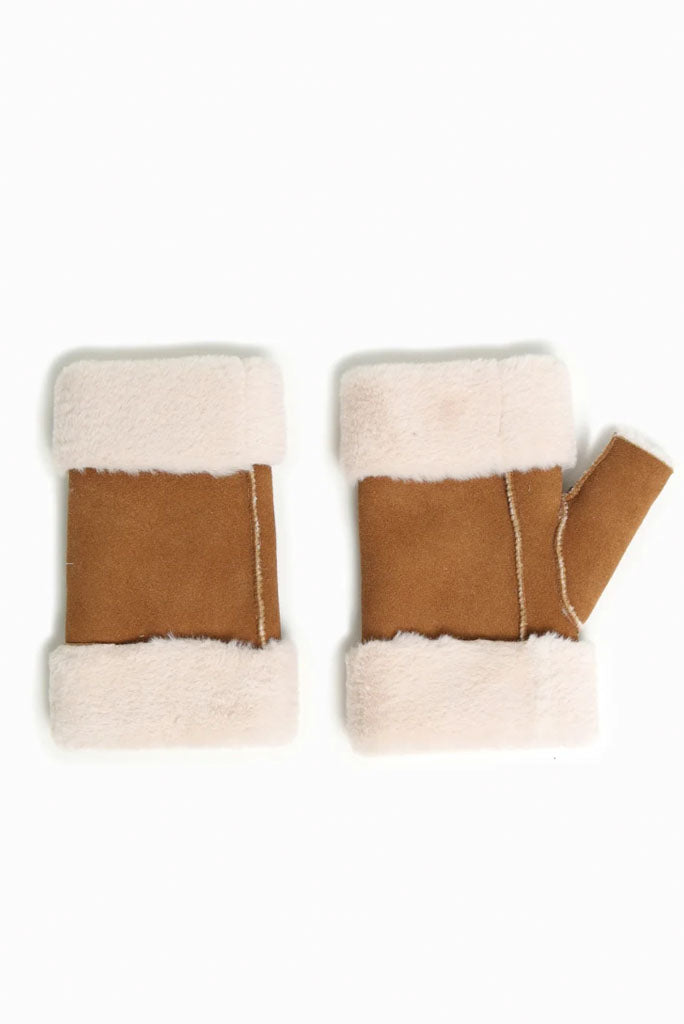 FAUX SHEEPSKIN SHEARLING FINGERLESS GLOVES, MULTIPLE COLORS