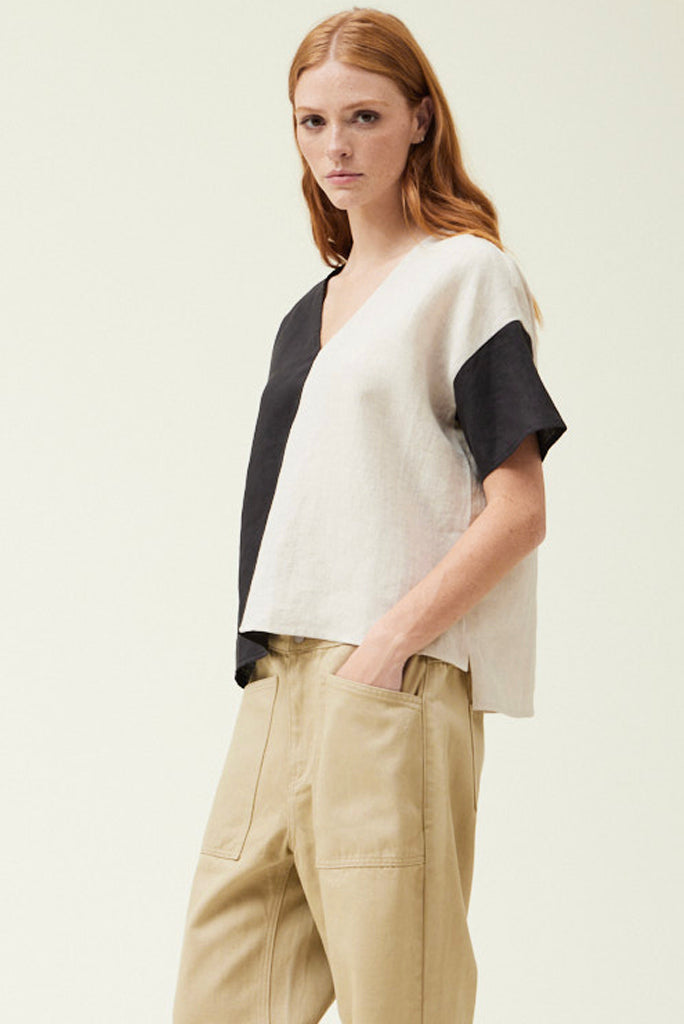 GRADE AND GATHER TWO TONE LINEN BLOUSE